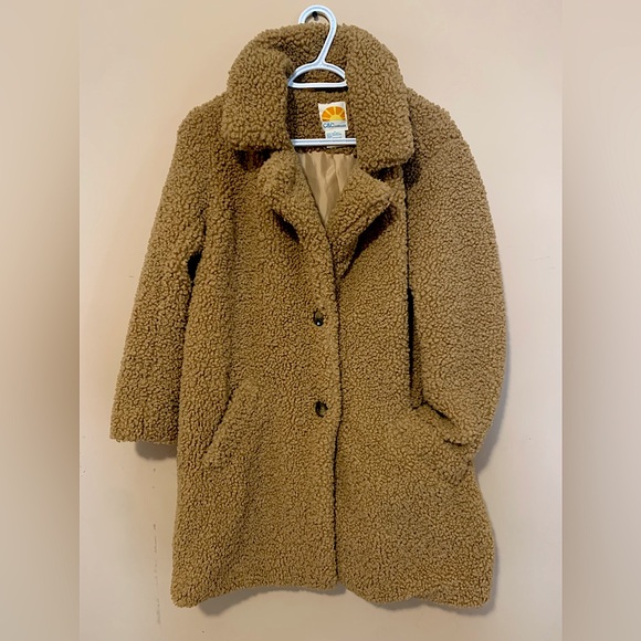 C&C California vintage brown tan double button long teddy jacket pea coat - Picture 1 of 13